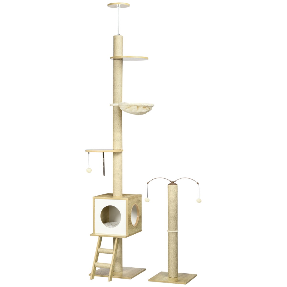 Árvore para Gatos do Chão ao Teto com Altura Ajustável com Poste de Juta Rampa e Bolas Suspensas 40×40225-285cm - Image 3