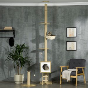 Árvore para Gatos do Chão ao Teto com Altura Ajustável com Poste de Juta Rampa e Bolas Suspensas 40×40225-285cm