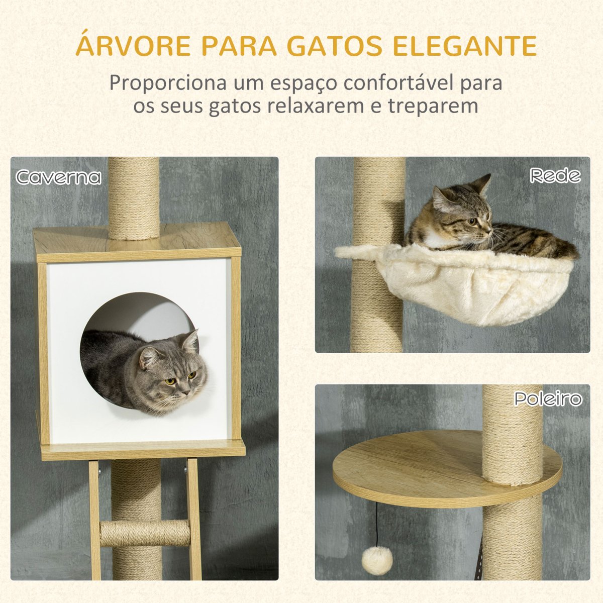 Árvore para Gatos do Chão ao Teto com Altura Ajustável com Poste de Juta Rampa e Bolas Suspensas 40×40225-285cm - Image 5