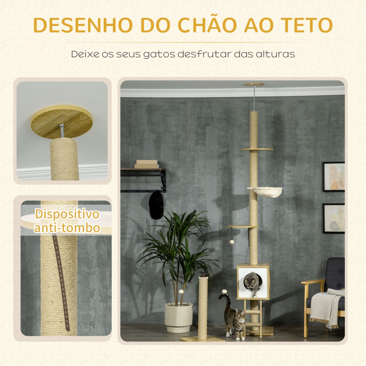 Árvore para Gatos do Chão ao Teto com Altura Ajustável com Poste de Juta Rampa e Bolas Suspensas 40×40225-285cm - Image 6