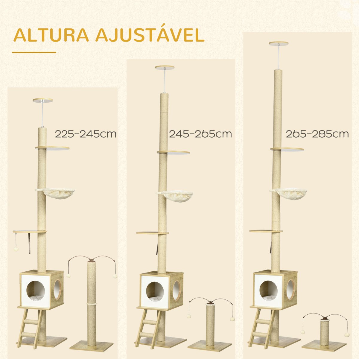 Árvore para Gatos do Chão ao Teto com Altura Ajustável com Poste de Juta Rampa e Bolas Suspensas 40×40225-285cm - Image 7