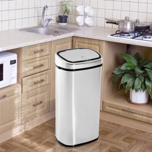 Balde de Lixo Inteligente de Aço Inoxidável 68L com Sensor Infravermelho de Abertura Automática e Contato Manual para Cozinha 40,5×29,578cm Prata
