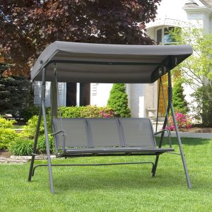 Baloiço Jardim de 3 Lugares com Toldo Ajustável, Encosto Respirável e Estrutura de Aço para Terraço Balcão Exterior 175x118x159 cm Cinza