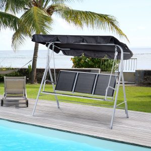 Baloiço Jardim de 3 Lugares com Toldo Ajustável, Encosto Respirável e Estrutura de Metal para Exterior Carga 240kg 171x108x154cm Preto