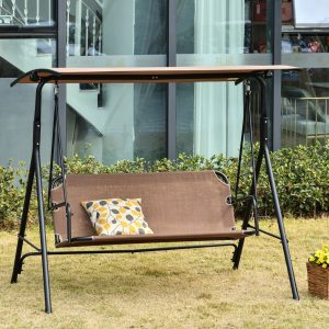 Baloiço de jardim de 2 lugares com guarda-sol de ângulo ajustável para terraço de jardim, 172x110x155cm, Cor Castanho