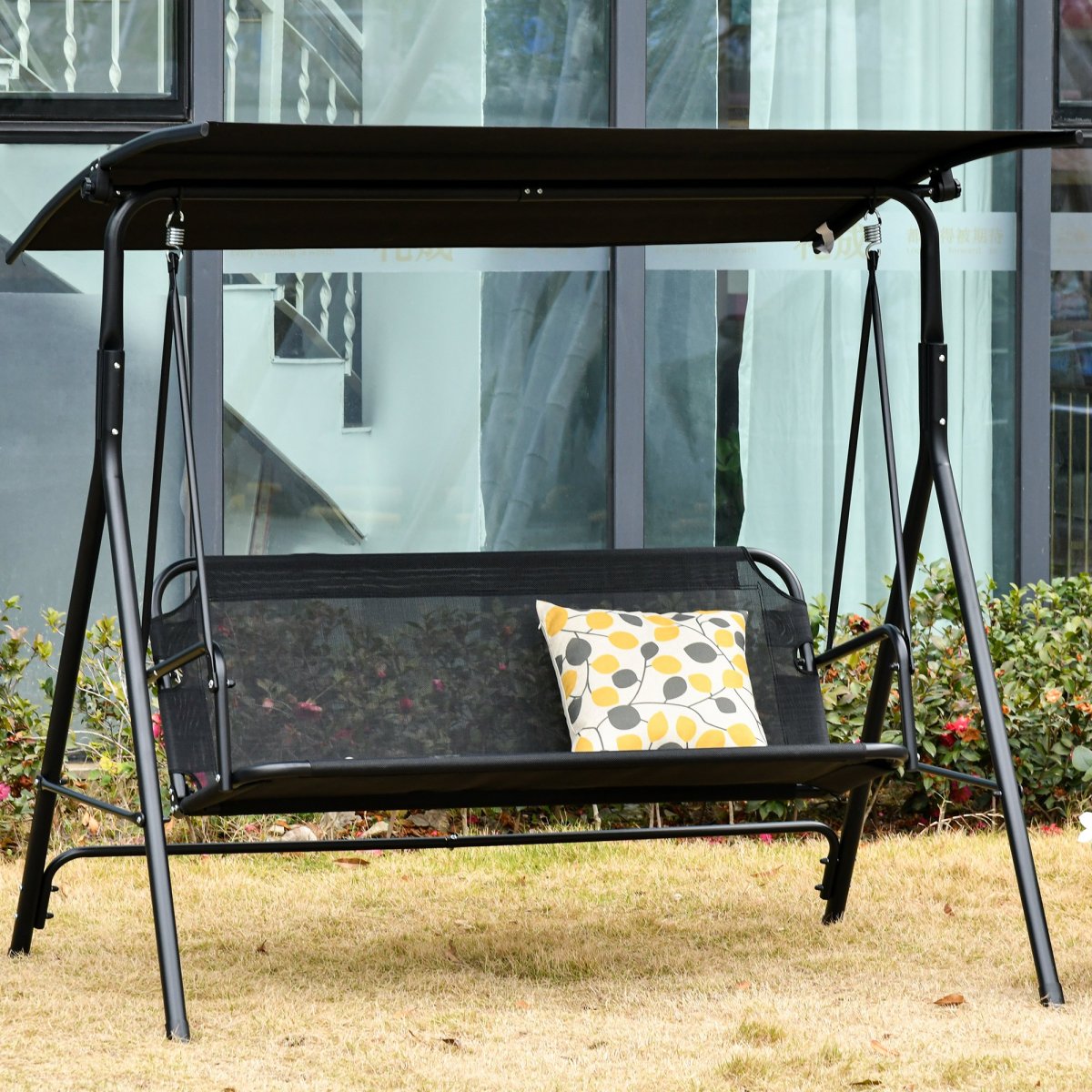 Baloiço de jardim de 2 lugares com guarda-sol de ângulo ajustável 172x110x155cm, Cor Preto - Image 2
