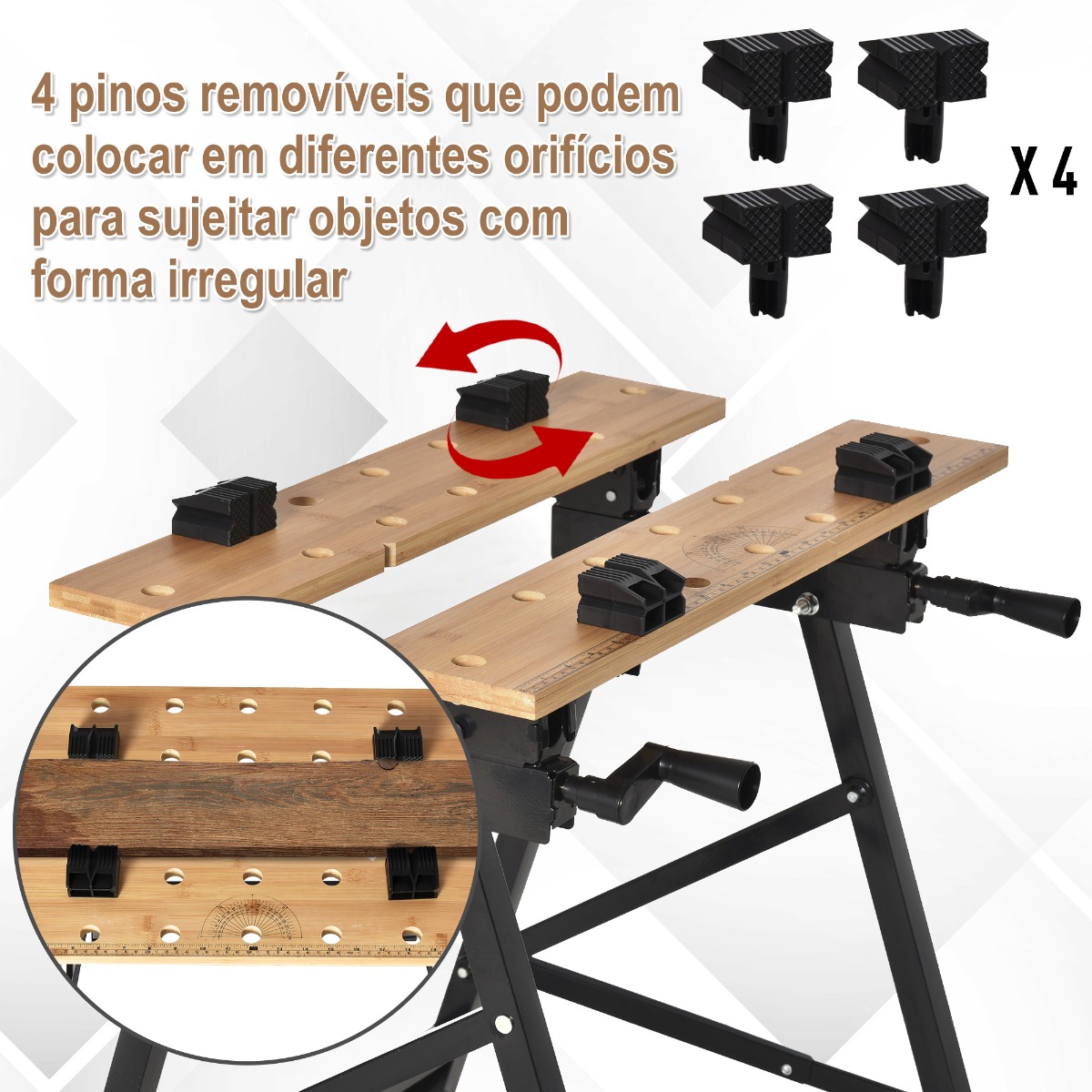Bancada de Trabalho Dobrável Portátil Carga Máx. 150kg 63,5x60x5x78cm Madeira Natural e Preto - Image 6