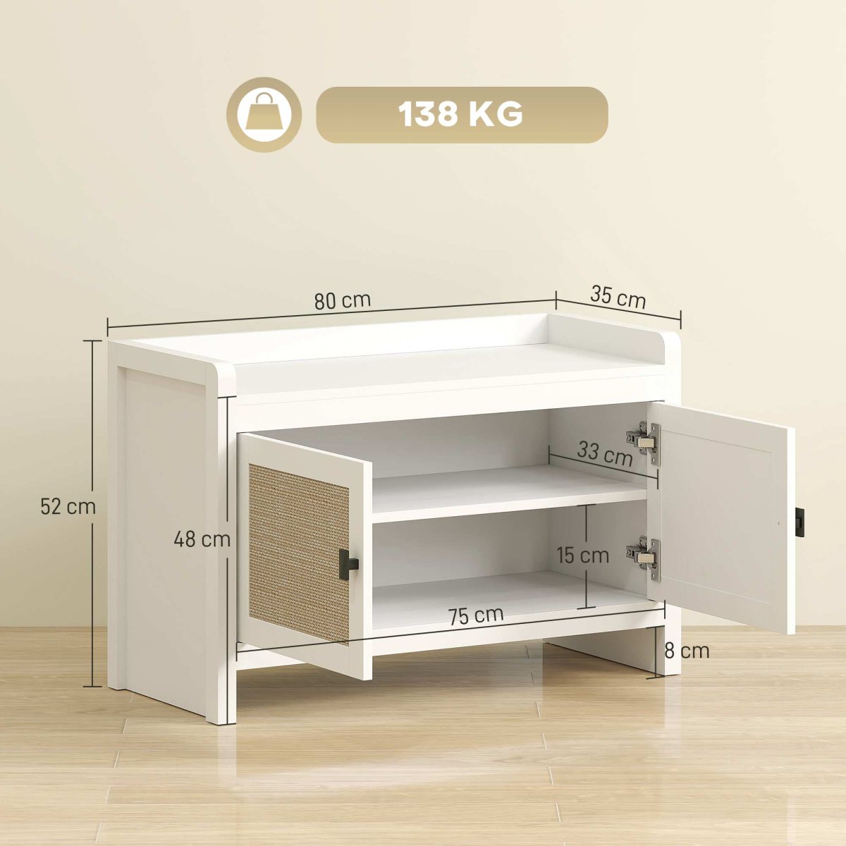 Banco Sapateira Móvel de Entrada com Portas Frentes de Vime Prateleira para 8 Pares de Sapatos para Entrada Dormitório 80x35x52 cm Branco - Image 4