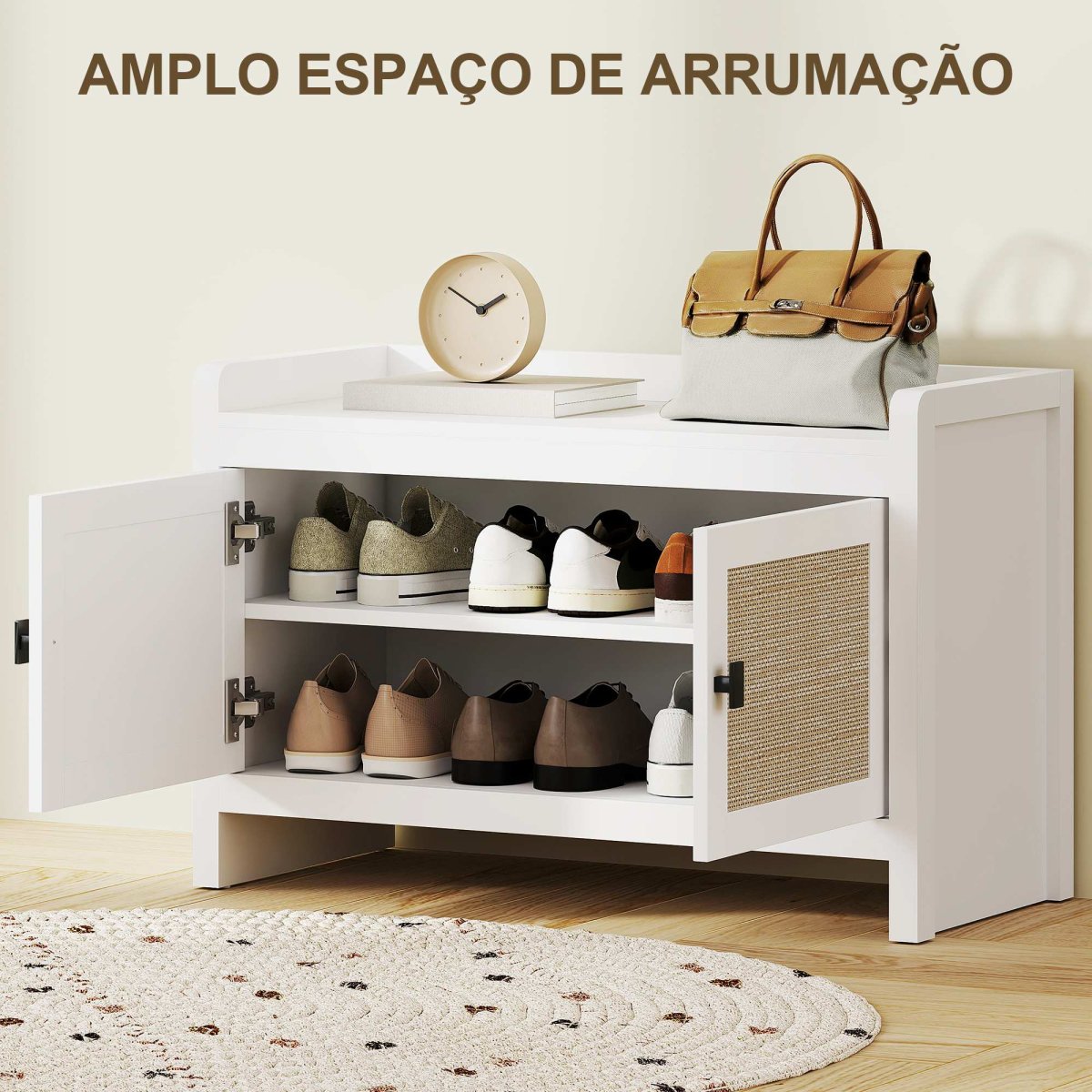 Banco Sapateira Móvel de Entrada com Portas Frentes de Vime Prateleira para 8 Pares de Sapatos para Entrada Dormitório 80x35x52 cm Branco - Image 6