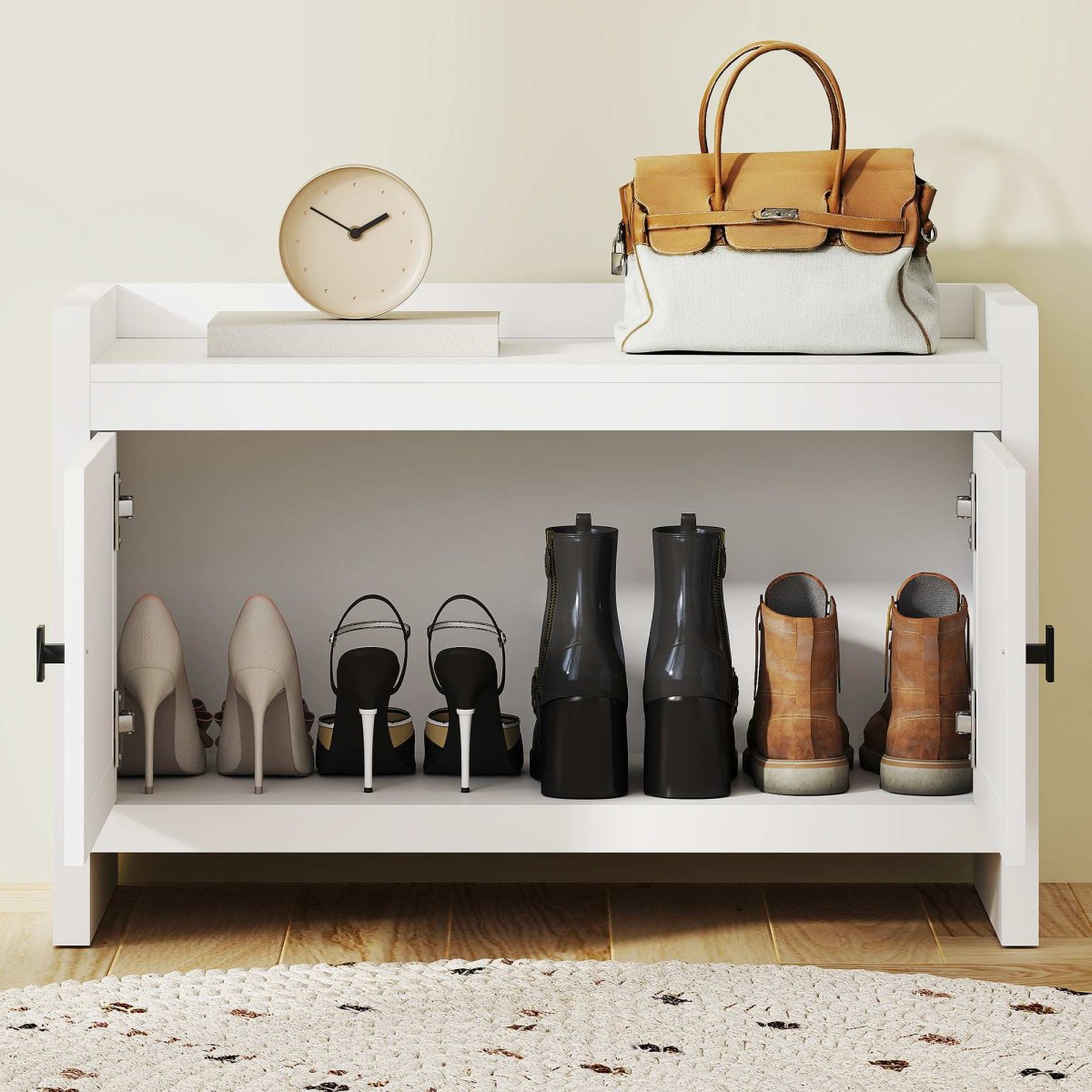 Banco Sapateira Móvel de Entrada com Portas Frentes de Vime Prateleira para 8 Pares de Sapatos para Entrada Dormitório 80x35x52 cm Branco - Image 9