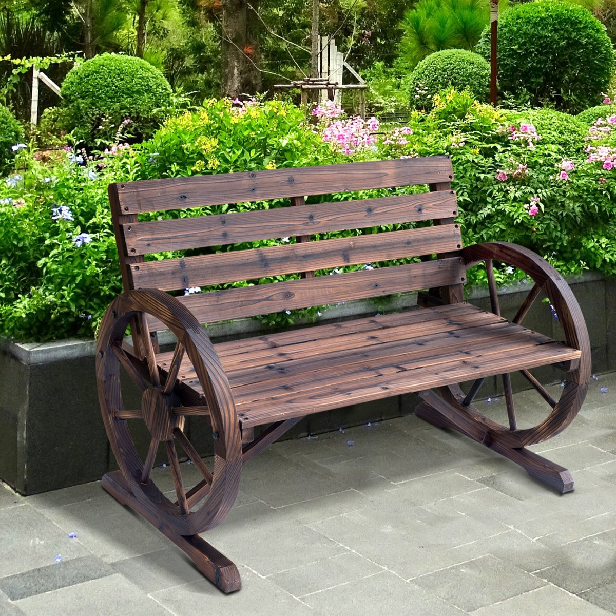 Banco de madeira com apoio de braços em forma de roda castanho rústico - Image 2