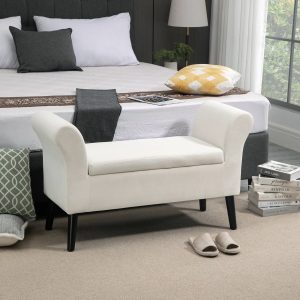 Banco para Pé de Cama Estofado em Veludo Banco de Armazenamento Acolchoado – 111,5x41x65cm Branco Creme