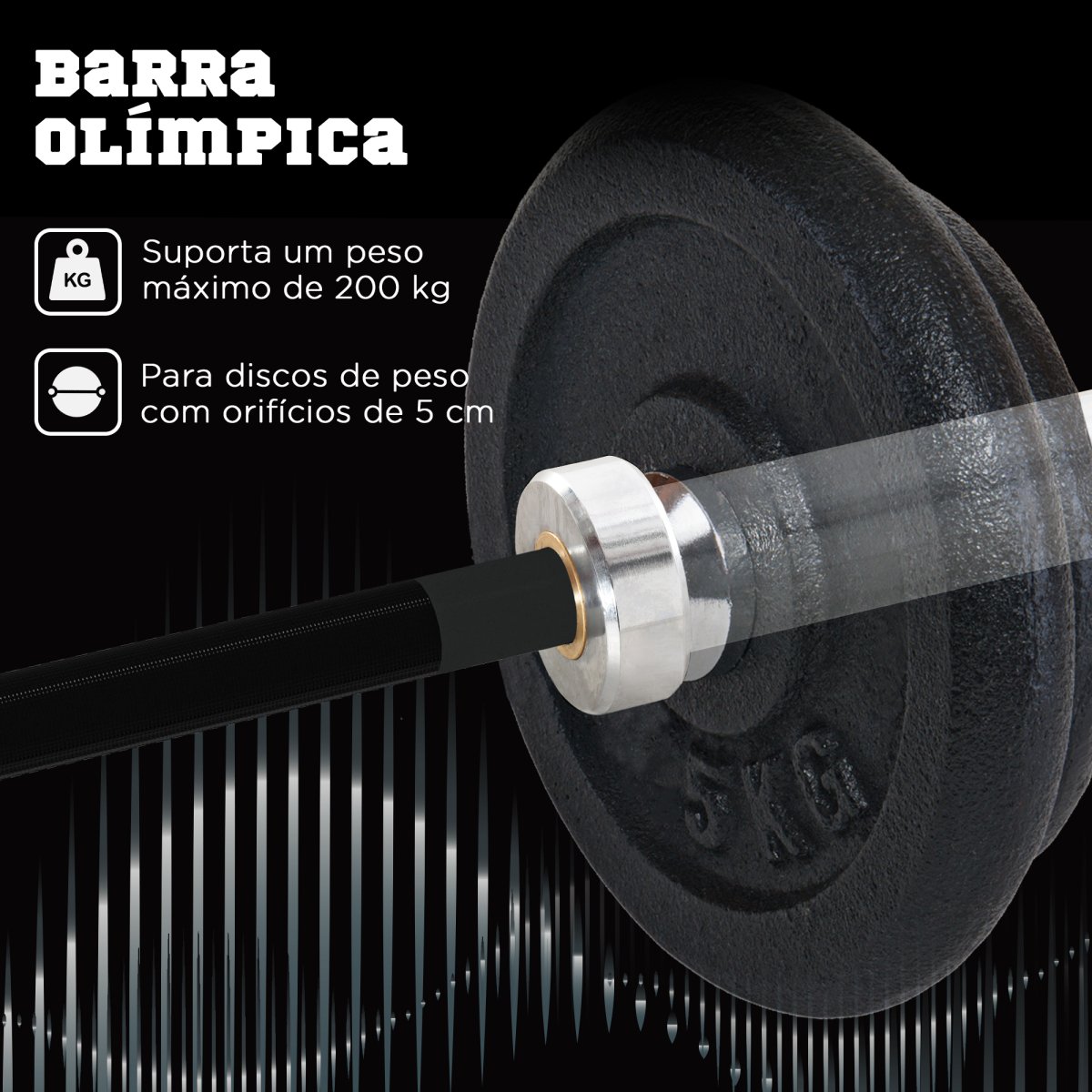 Barra de Pesos de Aço180 cm Ø50 mm com 2 Grampos Carga 200 kg - Image 5