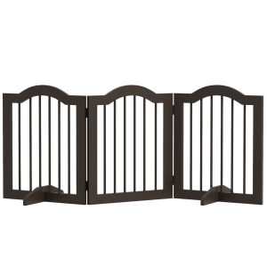 Barreira de Segurança Dobrável para Cães Pequeno com 3 Painéis e 2 Suportes para Portas Escadas Corredores 154,5×29,5×61 cm Marrom Escuro