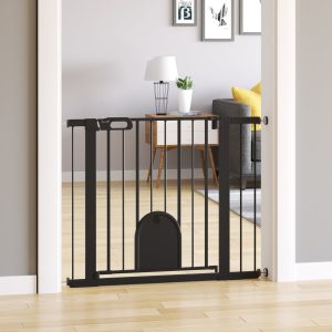 Barreira de Segurança de Cães com 2 Extensões Fechamento Automático e Sistema de Duplo Bloqueio, 75-103cm, em Aço Preto