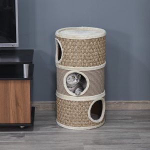 Cama/barril de arranhar para gatos com 3 níveis, 37,5×37,5×70 cm Marrom claro e bege