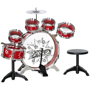 Bateria Infantil com Banco para Crianças acima de 3 Anos Tambores Pedal e Baqueta Desenho Tema Estrelas 65x22x57 cm Vermelho