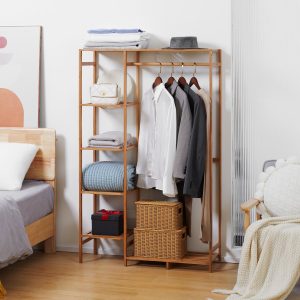Bengaleiro para Roupa com Prateleira de Armazenamento de 6 Níveis e Barra de Suspensão 90x30x145cm