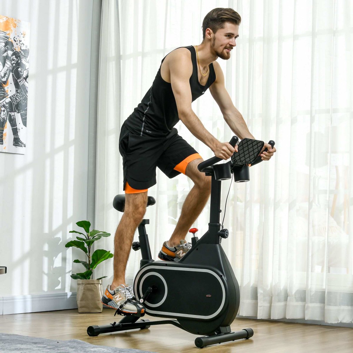 Bicicleta Estática com Ecrã LCD e Porta Garrafa 93×48,5×102-112 cm Preto - Image 3