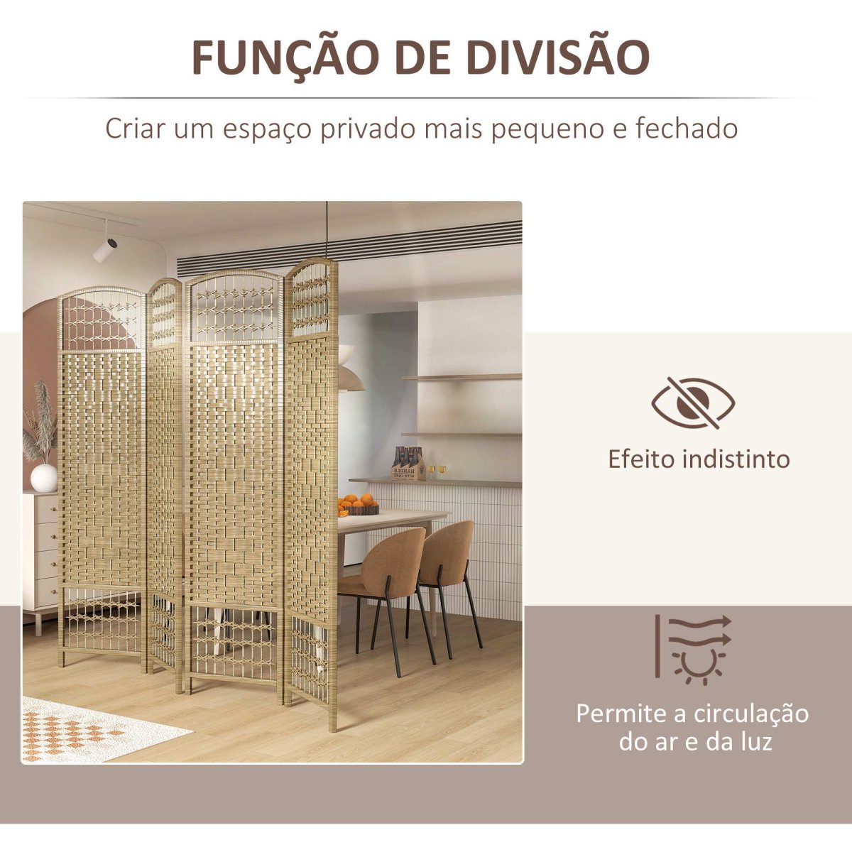 Biombo de 4 Painéis Separador Ambientes 160×170 cm Divisor Habitação Dobrável Corda Papel e Estrutura Madeira Decoração para Dormitório Sala Estar Natural - Image 8