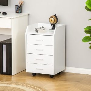 Bloco de Gavetas Móvel Auxiliar com 4 Gavetas, Bancada Superior de Armazenamento, 4 Rodas e 2 Travões 40x36x65cm Branco