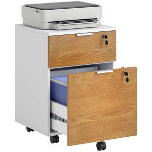 Bloco de Gavetas para Escritório Móvel Arquivador com 5 Rodas 2 Barras Penduradas Pastas A4 Fechadura e Chaves 42x40x60 cm Natural