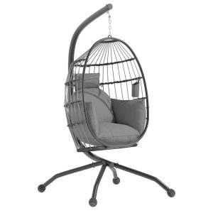 Cadeira Suspensa com Suporte, Cesto Dobrável, Almofada e Apoio para a Cabeça 120x88x192 cm Cinzento
