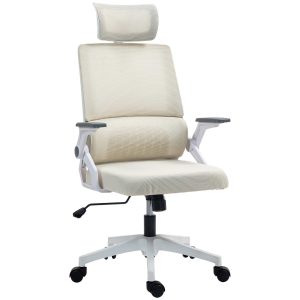 Cadeira de Escritório de Malha com Altura e Apoio para a Cabeça Ajustáveis e Apoio para os Braços 58x61x102-119 cm Bege