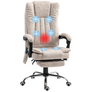 Cadeira de Massagem com 6 Pontos giratória Escritório Reclinável Altura Ajustável Função Aquecimento Apoio para os Pés Retrátil e Comando à Distância Creme