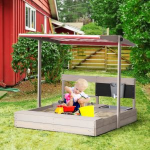 Caixa de Areia de Madeira para Crianças com Teto Ajustável, Acessórios de Cozinha e Banco para Crianças de 3-7 Anos para Pátio Jardim 114x110x110 cm Madeira