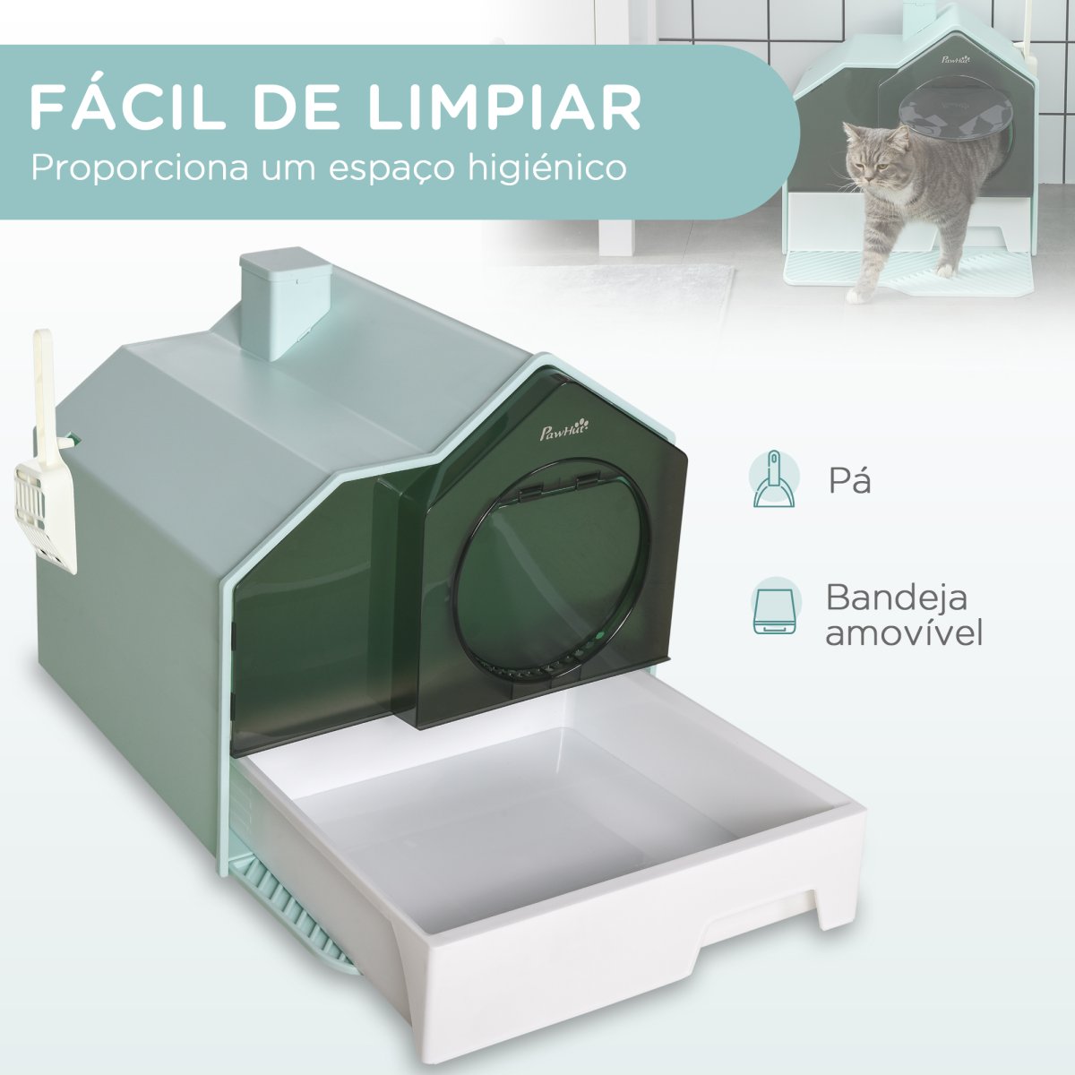 Caixa de Areia para Gatos com Bandeja Amovível Pá e Filtro Desodorizante 47x45x42 cm Azul - Image 6