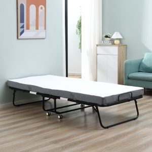 Cama Dobrável 200x90x42,5cm Cama de Campismo Portátil com Colchão Individual, Rodas e Travões Carga Máxima 150kg Branco