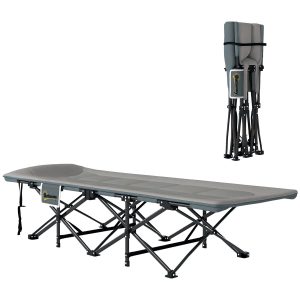 Cama Dobrável de Campismo Cama Portátil para Acampamento Praia com Apoio de Cabeça e Bolso Lateral Suporta até 150 kg 187x67x37 cm Cinzento