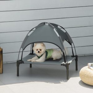 Cama Elevada para Animais de Estimação Portátil com Toldo Amovível 61x46x62cm Cinza