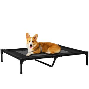 Cama Elevada para Cães de Animais Estimação com Malha Transpirável e Tecido Oxford Exterior Interior Jardim Terraço 92x76x18 cm Preto