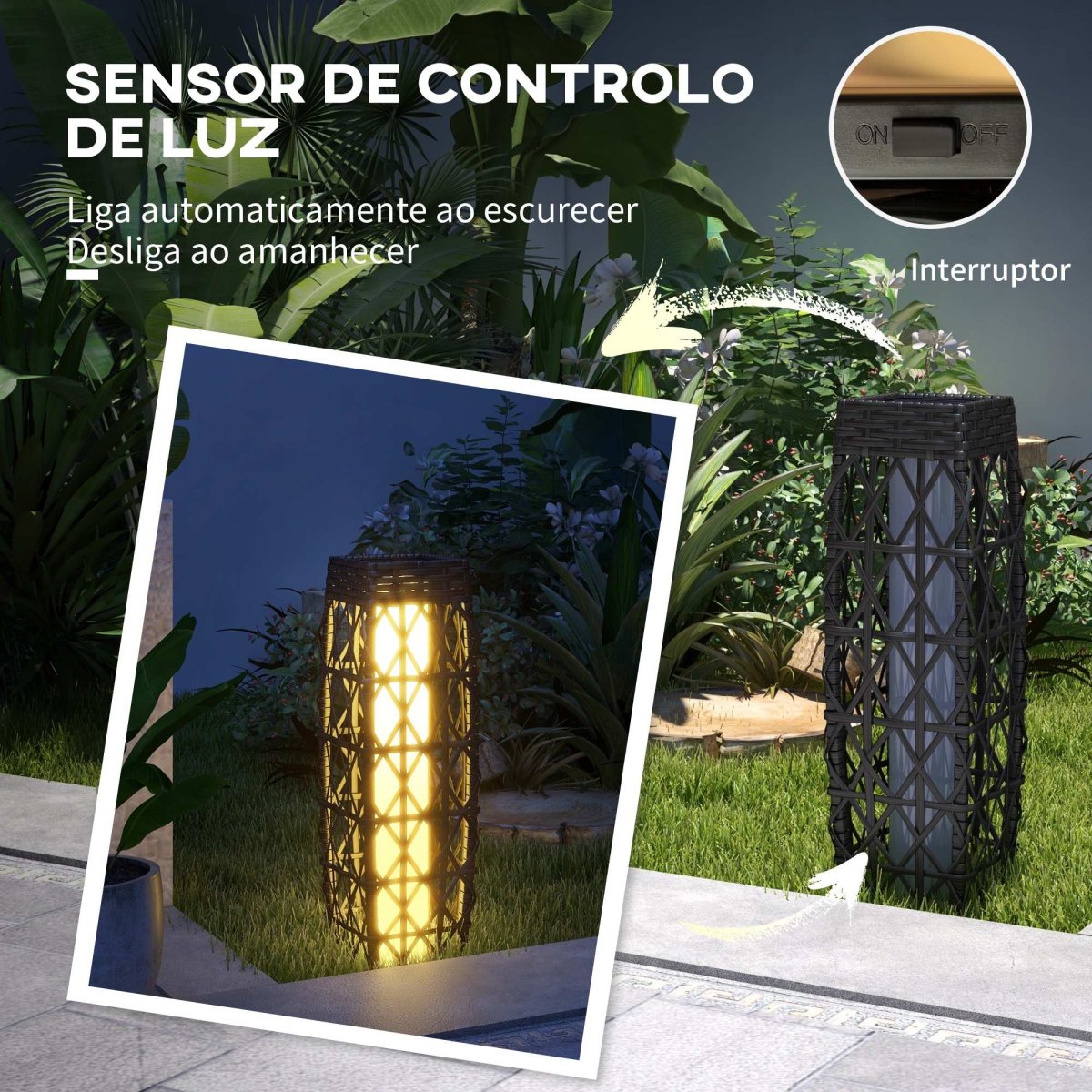 Candeeiro Solar com Iluminação LED Liga Automático em Aço e Vime PE 20x20x68 cm Cinzento Escuro - Image 7