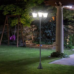 Candeeiro Solar de Jardim com 3 Luzes LED Impermeável IP44, Sensor de Noite, Candeeiro de Exterior de Aço Inoxidável 51,5x47x182,5cm Preto
