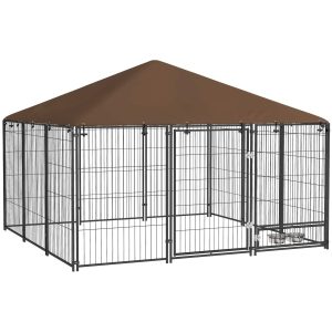Canil para Exterior com Suporte Giratório para Comida e 2 Tigelas Incluídas 211x211x151 cm Preto Marrom