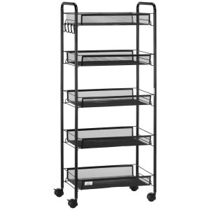 Carrinho Auxiliar com Rodas de Cozinha 5 Níveis com Cestos Malha Removíveis e Estrutura Aço para Sala Estar Casa Banho Jantar Escritório 45×26,5×106 cm Preto