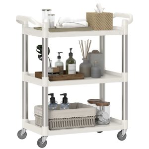 Carrinho Auxiliar com Rodas e Liga de Alumínio Cozinha com 3 Prateleiras Armazenamento Carga 105 kg para Sala Jantar Casa Banho 88x44x93 cm Branco