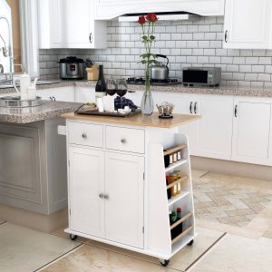 Carrinho de Cozinha Auxiliar com Rodas, Carrinho de Cozinha com 2 Gavetas, Prateleira Interior Ajustável, 3 Suportes para Temperos e Barra de Pendurar 89x45x89,5cm Branco