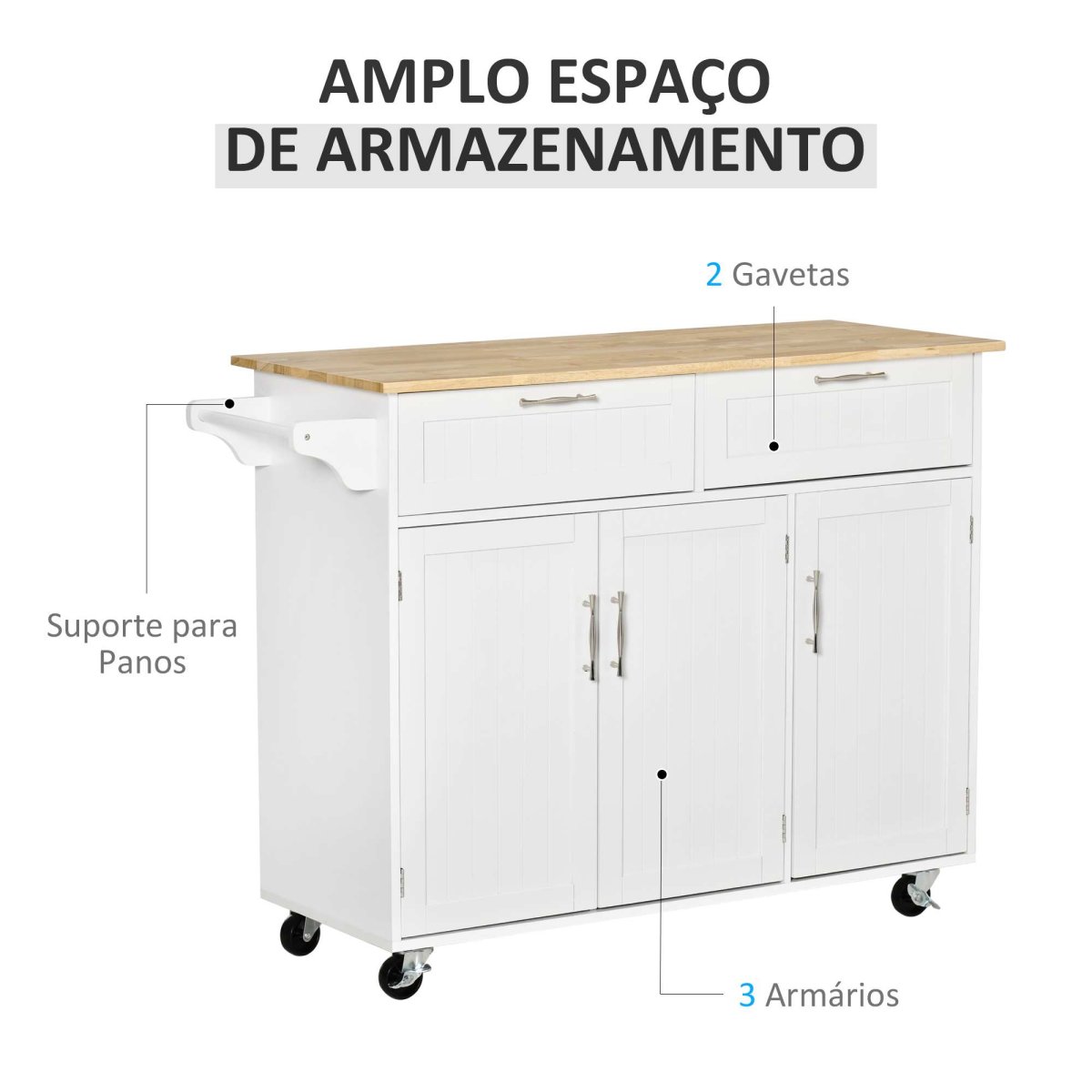 Carrinho de Cozinha com Rodas 121x46x91cm Branco e Madeira - Image 5