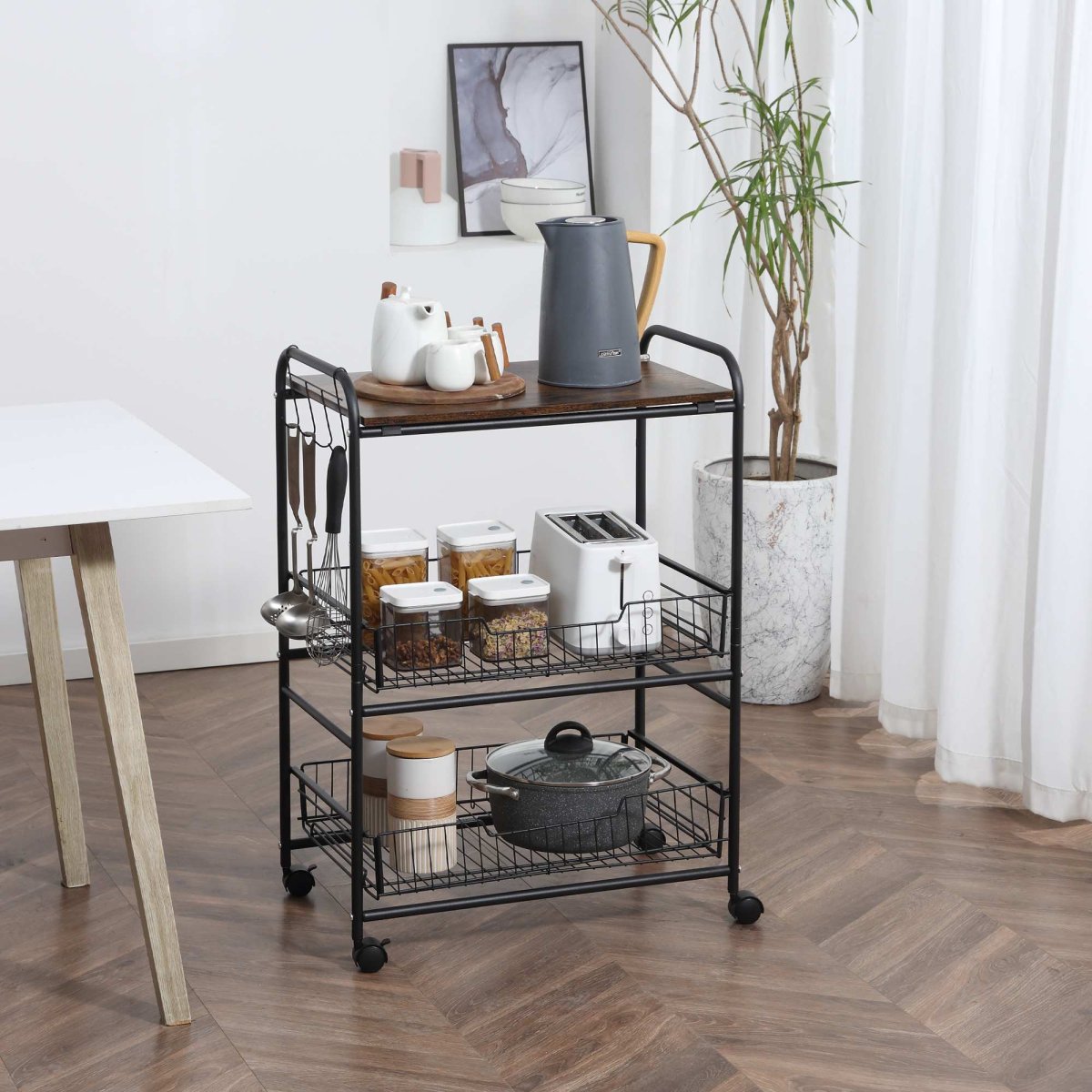 Carrinho de Cozinha com Rodas Auxiliar 3 Níveis com 2 Cestas e 4 Ganchos para Sala Jantar 60x38x85,5 cm Castanho Rústico - Image 3