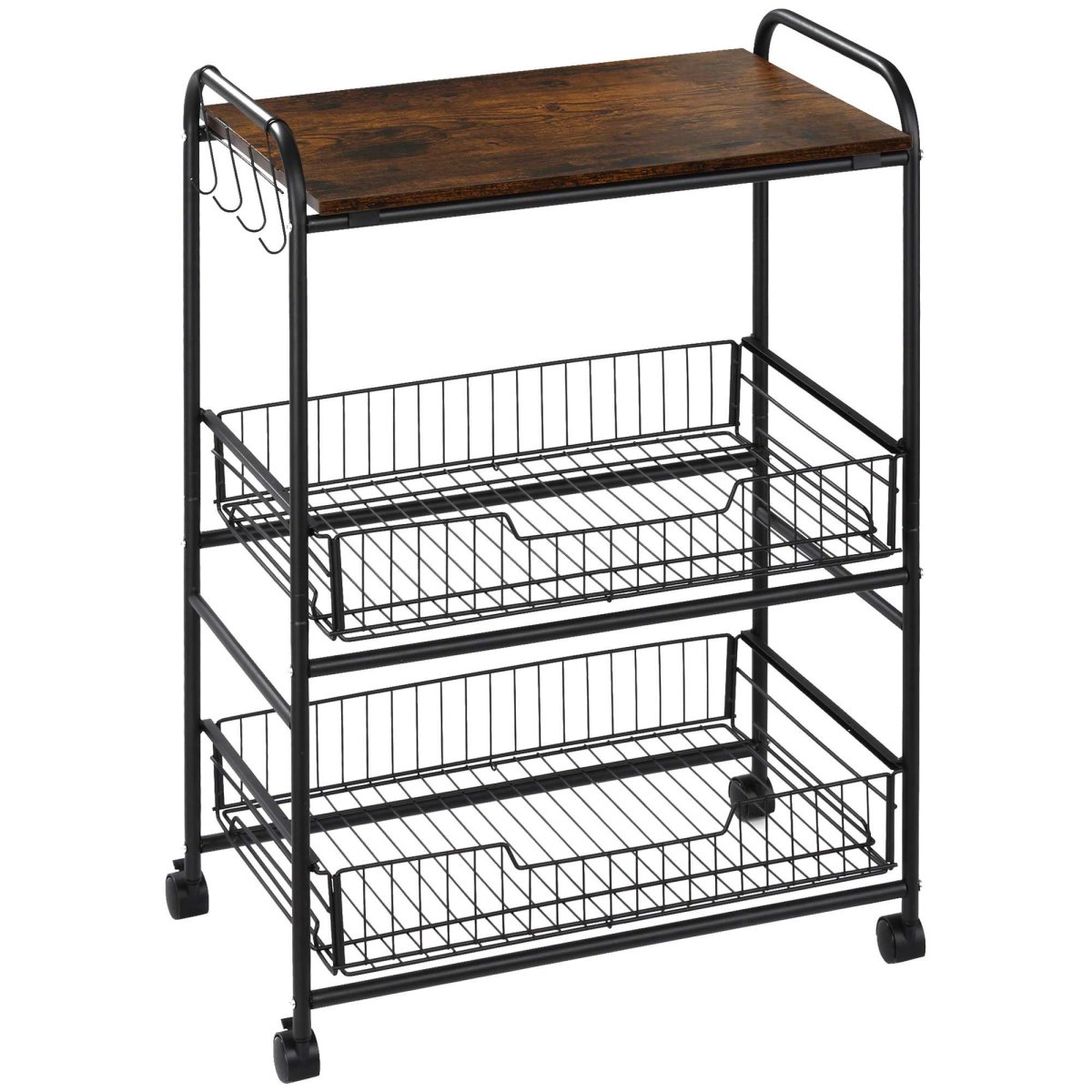 Carrinho de Cozinha com Rodas Auxiliar 3 Níveis com 2 Cestas e 4 Ganchos para Sala Jantar 60x38x85,5 cm Castanho Rústico - Image 2