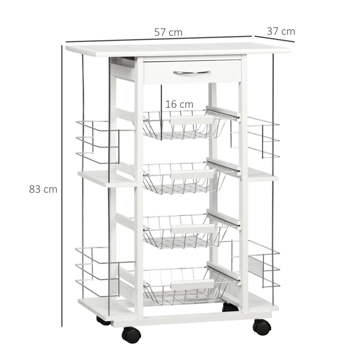 Carrinho de Cozinha com Rodas, Bancada, Gaveta, 4 Cestas de Metal e 4 Suportes para Temperos Laterais para Cozinha 57x37x83cm Branco - Image 4