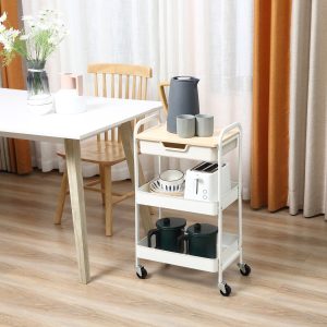 Carrinho de Cozinha com Rodas Carrinho de Armazenamento com Gaveta 2 Prateleiras e Rodas, Travão 43,9×30,5×75,6cm Branco e Madeira Natural