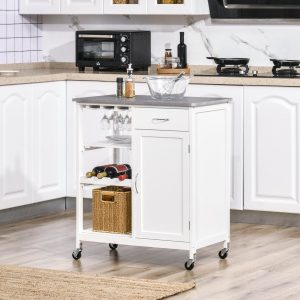 Carrinho de Cozinha com Rodas, com 1 Gaveta Prateleiras Removíveis, Suporte para 4 Garrafas e Armário Carga 40kg 76x48x88cm Branco e Cinza