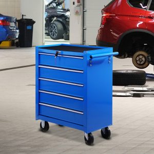 Carrinho de ferramentas metálico com 5 gavetas e 4 rodas, Cor azul