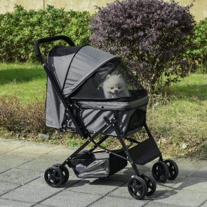 Carrinho para Animais de Estimação Dobrável com Capô Ajustável, Cesta de Armazenamento, Cinto de Segurança e Tecido Oxford 600D Aço 76,5x52x95cm Cinza