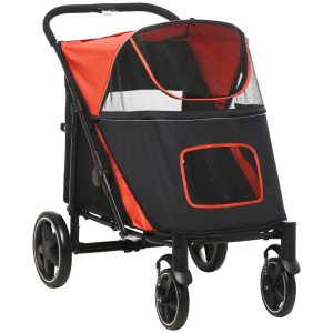 Carrinho para Cães Dobrável com Janelas de Malha Cinto de Segurança e Bolsos de Armazenamento Carga Máxima 40 kg 112x65x100 cm Vermelho